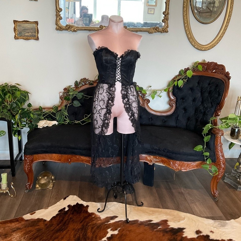 Vintage Strapless Lace Corset Top Dress Lace-Up Front lingerie nightgown small